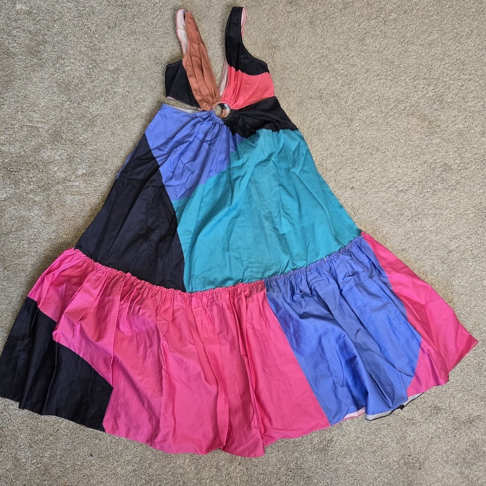 Anthropologie Flounced Cut-Out Maxi Dress size 2 Petite Colorblock 80s Tiered - Picture 6 of 7